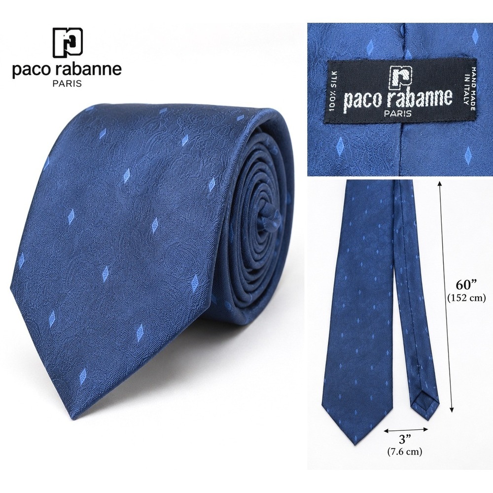 Paco Rabanne Paris Blue Silk Floral Jacquard Tie‎ Made in Italy 60L x3W